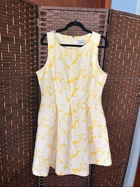 Vintage J. Howard Cream and Yellow Floral Jacquard Mini Swing Dress with Pockets
